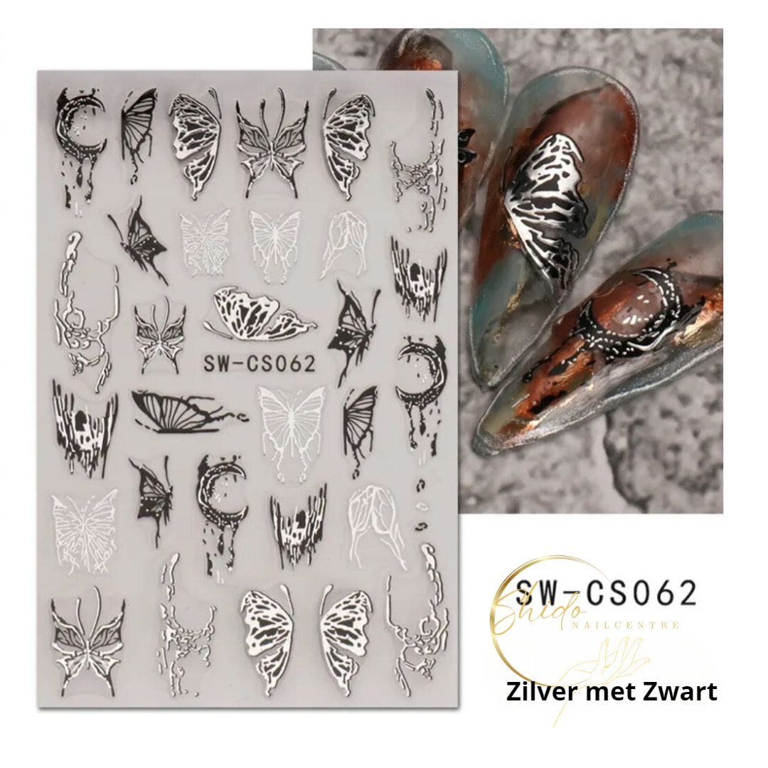 Shido Luxury Nailart Sticker Zilver/ zwart Vlinder CS062